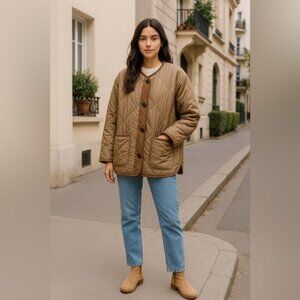 The Brass Monkey Tan Oversize Quilted Jacket Coat Size Medium Boho Military